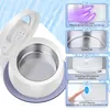 A white ultrasonic cleaner with its lid open, showing the stainless steel interior. The image is a collage of close-up shots highlighting features like UV LEDs, stainless steel construction, ABS exterior, and one-touch control. Produktbild-Vorschau