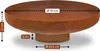 A rusty metal fire pit with dimensions indicated by measurement lines and text. Produktbild-Vorschau