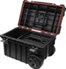A black tool box with wheels and an open lid, showing its interior compartments. Voir les images du produit