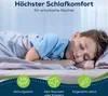 A young boy sleeping peacefully on a bed, with icons and text highlighting product features. Produktbild-Vorschau