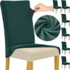 A hand is stretching a teal chair cover over a chair, with multiple images of the chair cover on chairs shown in the background. Podgląd zdjęcia produktu