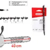 A chainsaw chain and its packaging are shown, along with diagrams illustrating chain specifications and a chainsaw bar with length measurements. Produktbild-Vorschau