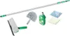 A cleaning set for windows and conservatories, including a telescopic pole, window squeegee, duster, cleaning fluid, and microfiber cloths, arranged on a white background. Produktbild-Vorschau
