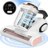 A white JIGOO J300 mattress vacuum cleaner is shown against a white background with blue swirling lines indicating airflow and a circular display showing cleaning status. Produktbild-Vorschau