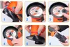 A collage of six images showing the steps to assemble or attach accessories to an angle grinder. Podgląd zdjęcia produktu