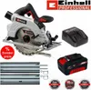 A collage of a circular saw, battery, charger, and accessories, with promotional text and warranty badges. Produktbild-Vorschau