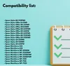 A list of compatible printer models is displayed on a light blue background, next to a stylized notepad with checkmarks. Náhled obrázku produktu