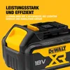 Close-up of a DeWalt 18V XR lithium-ion battery pack with marketing text. Produktbild-Vorschau