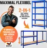 A collage of images showcasing a blue shelving unit, a man giving a thumbs up, and text highlighting product features. Produktbild-Vorschau