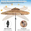 A straw-effect patio umbrella is shown with diagrams and text explaining its features. Produktbild-Vorschau