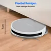 A robot vacuum cleaner is shown cleaning under a piece of furniture, with a measurement indicating its low height. Produktbild-Vorschau