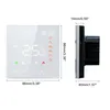 A digital thermostat is shown with its dimensions and a side view. Podgląd zdjęcia produktu