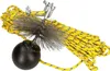 A chimney cleaning brush with a weighted ball and rope, laid out on a white background. Produktbild-Vorschau