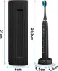 A black electric toothbrush and its charging case are shown with dimensions indicated. Náhled obrázku produktu