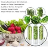 A collage of fresh vegetables and herbs, with text describing their storage benefits in the refrigerator. Produktbild-Vorschau