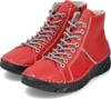 A pair of red leather lace-up boots with black soles, shown against a white background. Produktbild-Vorschau