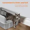 A cat is stepping out of a litter box, with text overlay describing its features. Produktbild-Vorschau