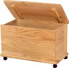 A wooden toy chest with its lid open, resting on small wheels. Podgląd zdjęcia produktu