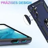 A close-up view of a blue phone case with a ring holder, highlighting its precise design and button access. Produktbild-Vorschau