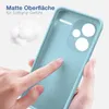 A hand is touching a light blue phone case, highlighting its matte surface and soft grip. Produktbild-Vorschau
