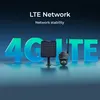 A 4G LTE security camera with a solar panel, set against large, stylized letters spelling '4G LTE'. Produktbild-Vorschau