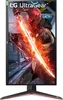 A vertical shot of an LG UltraGear gaming monitor with a dynamic, futuristic image displayed on the screen. Podgląd zdjęcia produktu