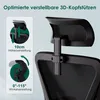 Close-up image of a black ergonomic office chair's headrest, with diagrams illustrating its adjustable features. Produktbild-Vorschau