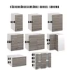 A collage of different kitchen cabinets with labels. Produktbild-Vorschau