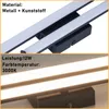 A split image showing a close-up of a modern LED light fixture. The top section shows the fixture with white light and text indicating material. The bottom section shows the fixture with warm white light and text indicating power and color temperature. Podgląd zdjęcia produktu