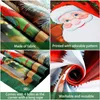 A collage of four images showcasing a Christmas-themed fabric banner, highlighting its material, print quality, and features like grommets and rope. Produktbild-Vorschau