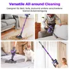A collage of four images showing a purple cordless vacuum cleaner being used in various household settings, including cleaning floors, furniture, and a bed, with a cat present in one image. Produktbild-Vorschau