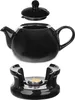 A black ceramic teapot with its lid floating above it, and a black tea warmer with a lit tea light underneath. Anteprima dell’immagine prodotto