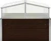 A close-up front view of a brown and silver greenhouse. Produktbild-Vorschau
