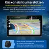 A digital display showing a car's rearview camera feed, with overlaid graphics and explanatory text below. Voir les images du produit