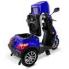 A blue electric scooter with its storage compartments open, shown from a three-quarter rear angle on a white background. Produktbild-Vorschau
