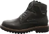 A black leather boot with grey laces and blue stitching. Produktbild-Vorschau
