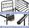 A collage of four images showcasing different features of a black metal bed frame. Produktbild-Vorschau