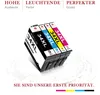 Four ink cartridges are shown in a diagonal view against a white background with a circular graphic overlay. Produktbild-Vorschau