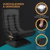 A dark background with a black lounge chair and marketing callouts. Produktbild-Vorschau