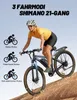 A woman riding an electric mountain bike on a rocky incline, with icons and text describing different riding modes. Produktbild-Vorschau