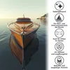 A wooden boat floating on calm water, with a rocky island in the background. The right side of the image features icons and text describing product features. Produktbild-Vorschau