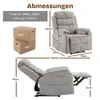 Diagrams and text showing the dimensions and specifications of a recliner chair, along with shipping box information. Náhľad obrázku produktu