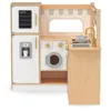 A wooden children's play kitchen with various appliances and accessories. Podgląd zdjęcia produktu
