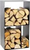 A modern, black metal firewood rack filled with logs, divided into two sections. Náhľad obrázku produktu