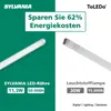 Comparison of a SYLVANIA LED tube light with a traditional fluorescent tube light, highlighting energy savings. Produktbild-Vorschau