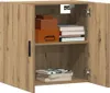 An open wooden cabinet with shelves displaying books and boxes. Produktbild-Vorschau