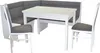 A white dining table with a grey corner bench and two chairs, set against a white background. Produktbild-Vorschau