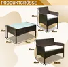 A diagram showing the dimensions of a rattan garden furniture set, including a coffee table, armchair, and loveseat. Podgląd zdjęcia produktu