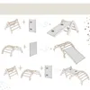 Collage showing different configurations of a wooden indoor climbing set for children, including a climbing triangle, arch, and slide. Produktbild-Vorschau