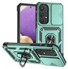 Multiple views of a green smartphone case with a sliding camera cover and a ring stand. Produktbild-Vorschau